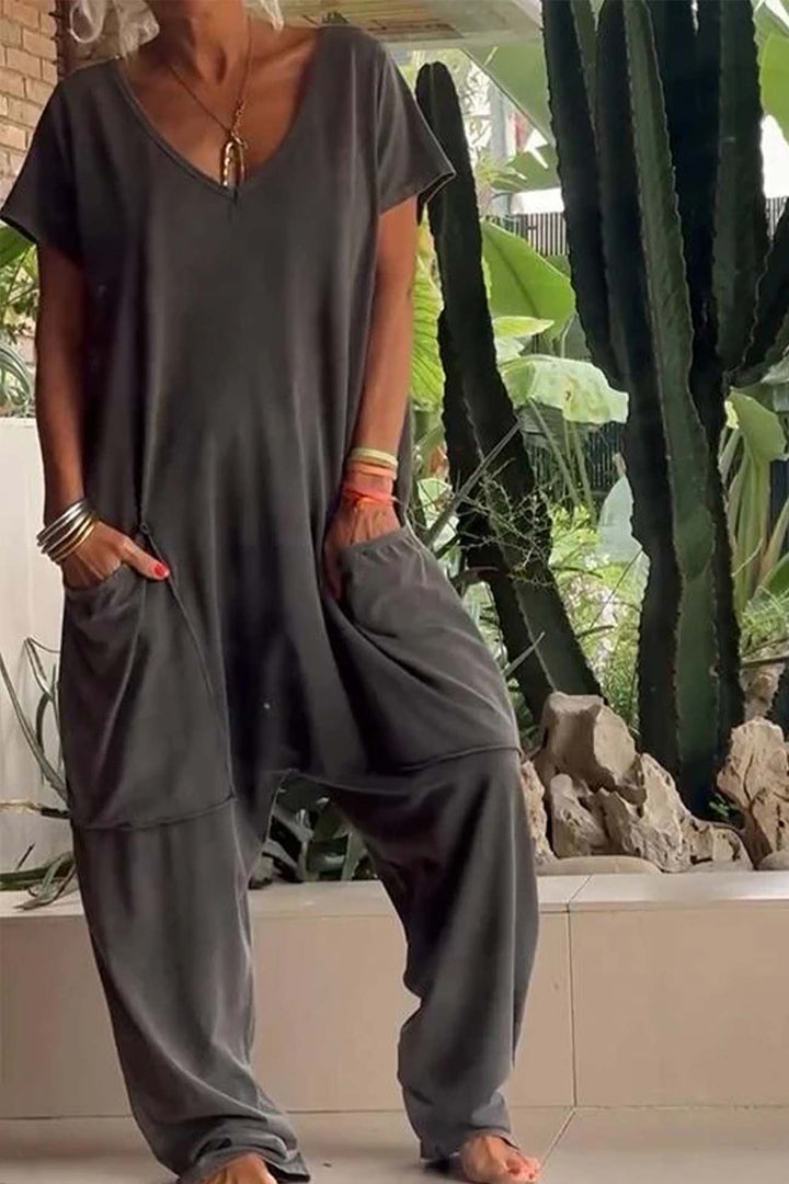 Breezy | Kvinders V-hals kortærmet løs jumpsuit med lommer