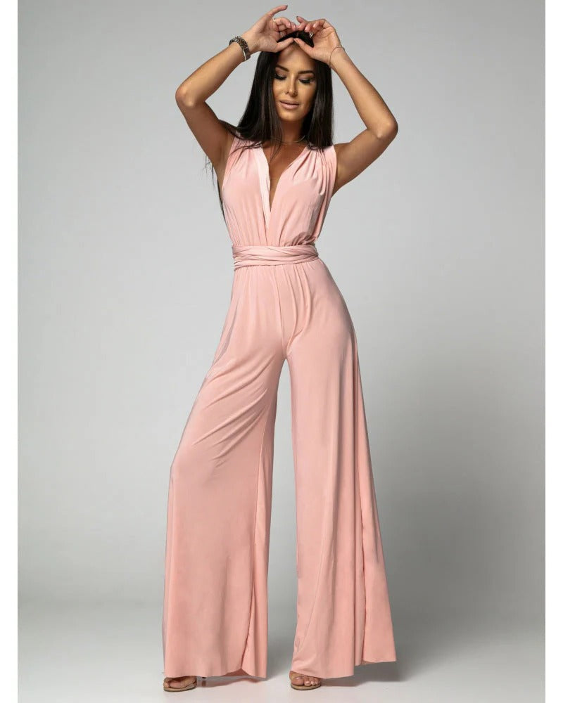 Blush | Kvinders Wide Leg Jumpsuit Deep V-Hals Wrap Tie Anledning