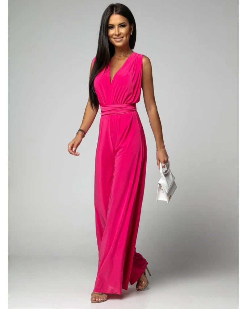 Blush | Kvinders Wide Leg Jumpsuit Deep V-Hals Wrap Tie Anledning