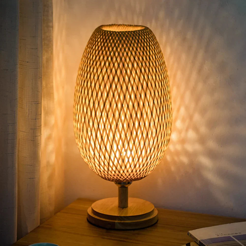 Dimmbar Rattan Bordlampe med Bambus Skærm