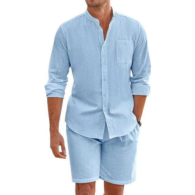 Linned sommer sæt til herrer med skjorte og shorts