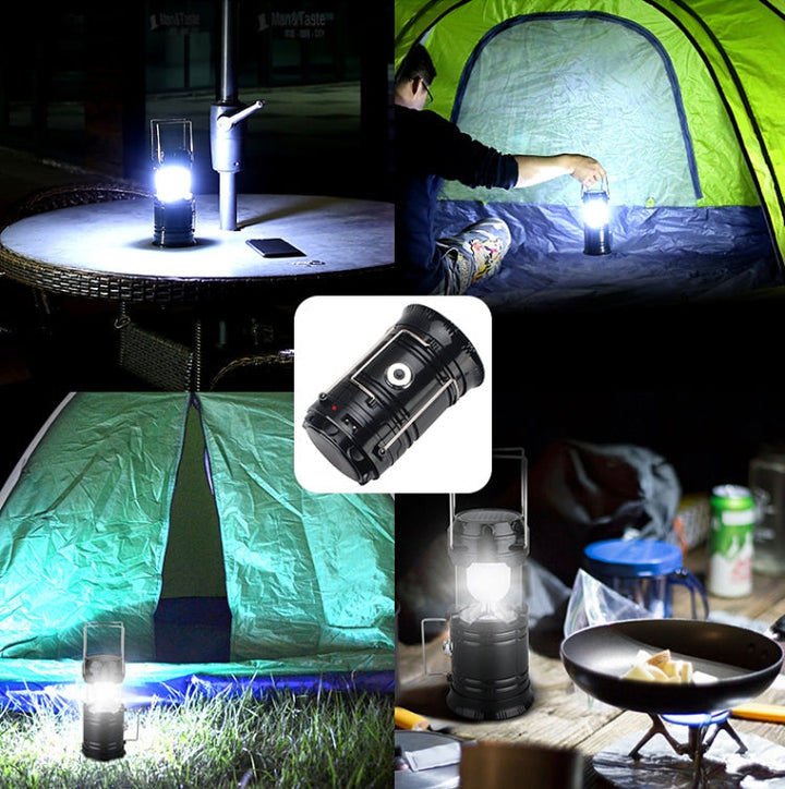 Solopladelig Campinglanterne med USB-udgang og Aftagelig Krog