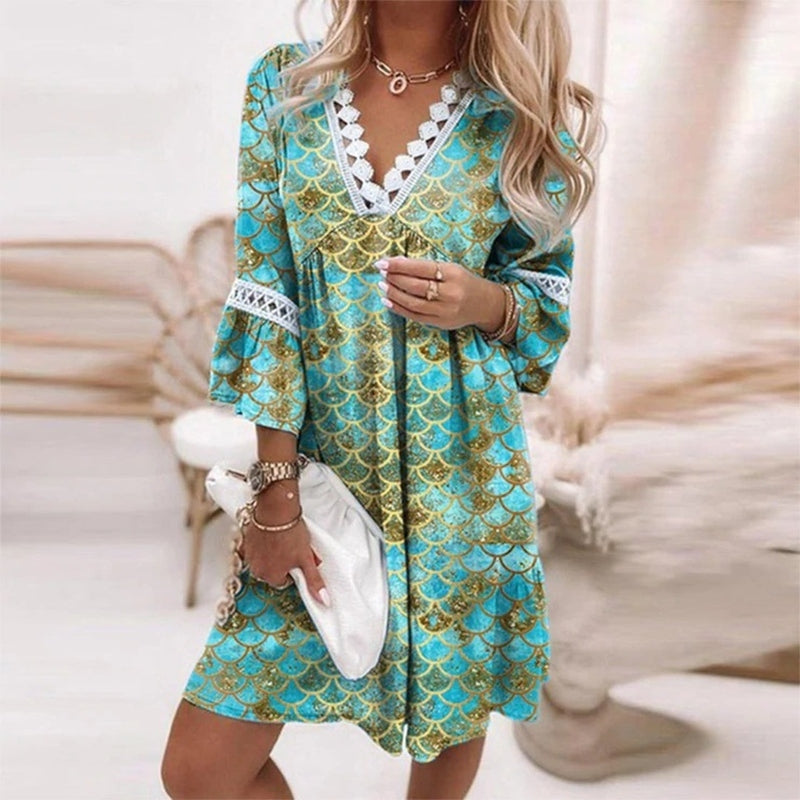 Penelope | Kvinders Boho Løs Fit Printet Mini Kjole Aften