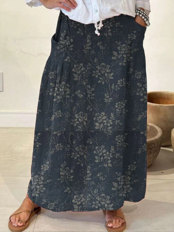 Princess™ | Vintage Floral Elastisk Talje Lomme Nederdel