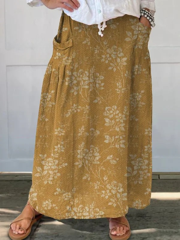 Princess™ | Vintage Floral Elastisk Talje Lomme Nederdel