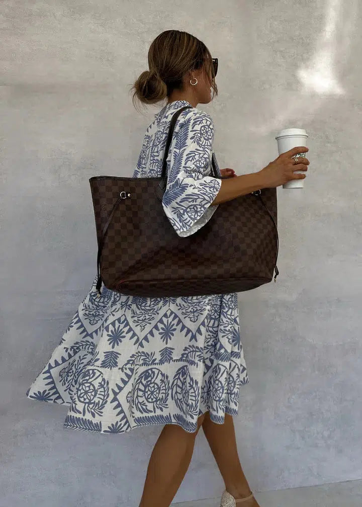 Celeste | Kvinders Boho Print V-Hals 3/4 Ærme Swing Kjole