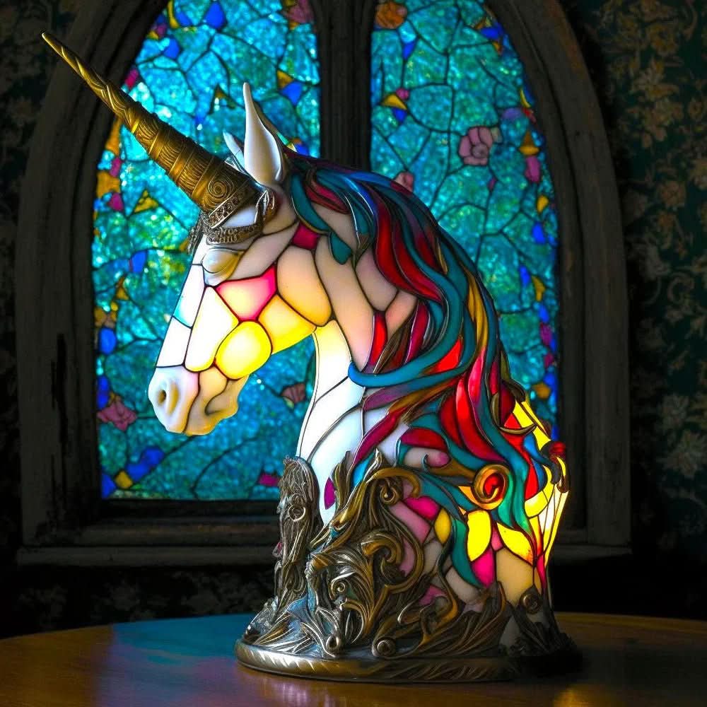 Farverig Dyrebordlampe med Glasmaleri