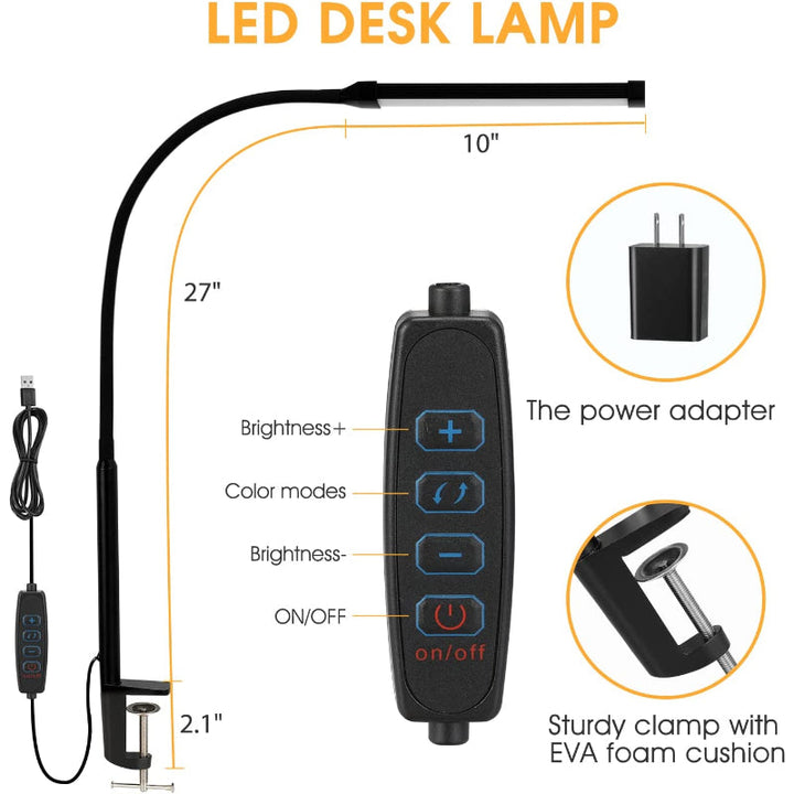 LED Skrivebordslampe med Fleksibel Gåsehal og USB Powerbank, 3 Lystilstande, 10 Lysstyrkeniveauer