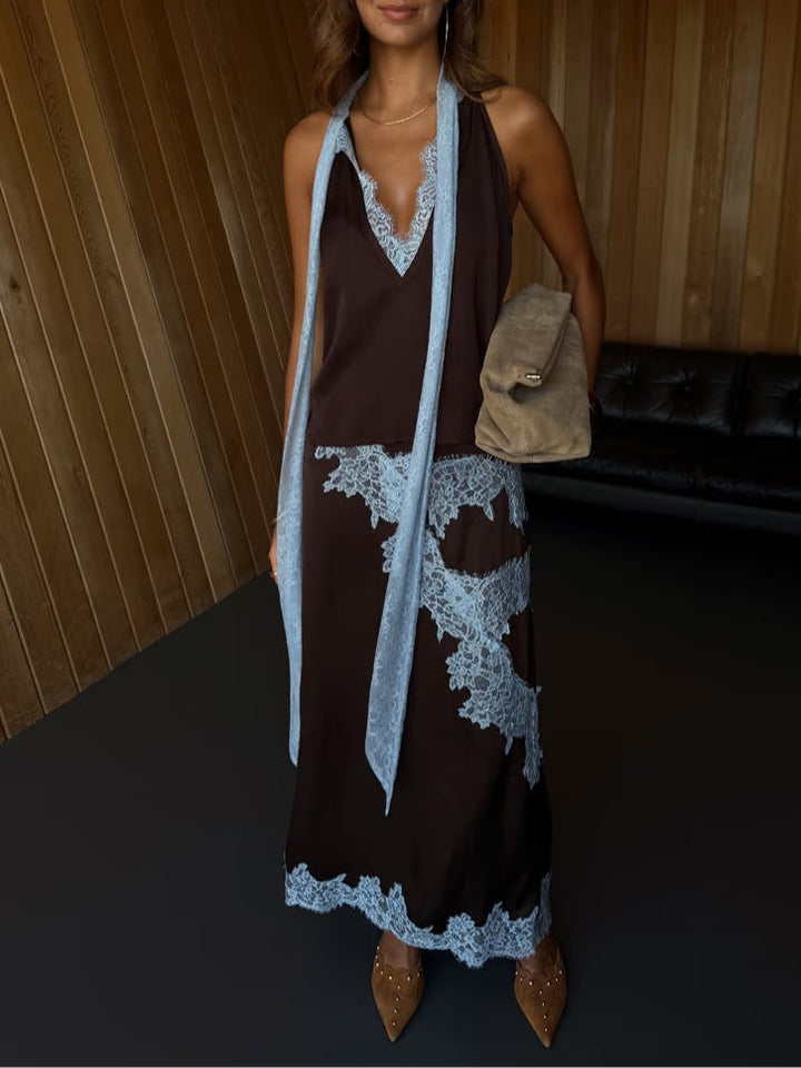Mabel™ | Elegant Blonde Panel Top & Skirt Sæt