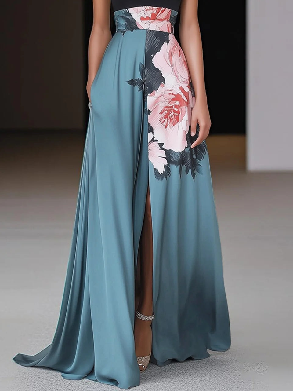 Janelle™ | Sort Slids Blomster Klassisk Crew Neck Uden Ærmer A-Linje Maxi Kjole