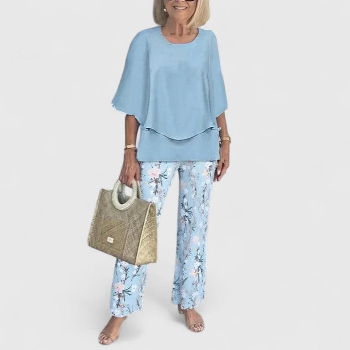 Fern | Kvinders afslappede blomsterprint top og brede bukser sæt