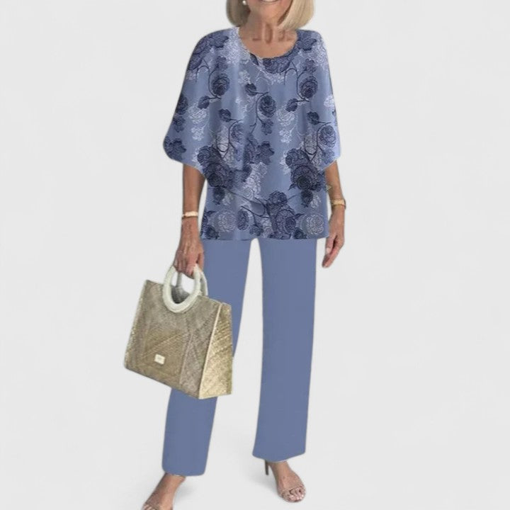 Fern | Kvinders afslappede blomsterprint top og brede bukser sæt