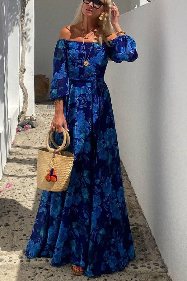 Brooke | Kvinders Off Shoulder Blomstret Flowy Maxi Kjole Aften