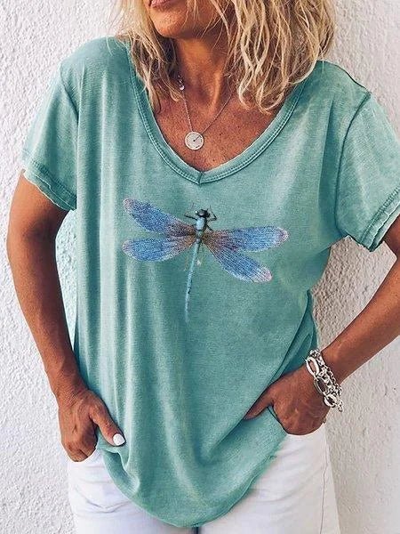 Luna | Kvinders Dragonfly Print V-Hals Kortærmet Casual T-shirt