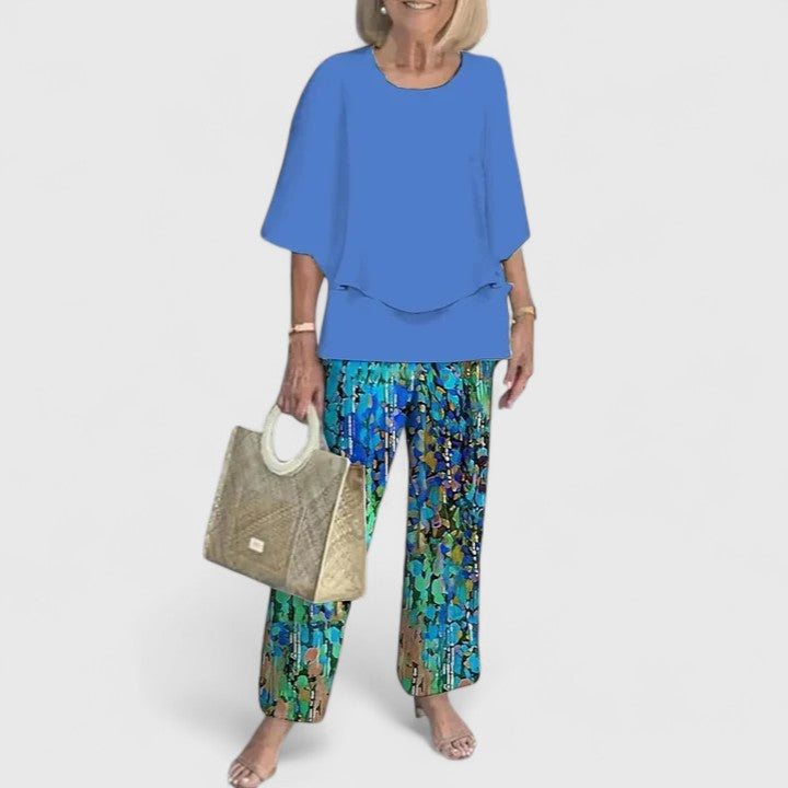 Fern | Kvinders afslappede blomsterprint top og brede bukser sæt