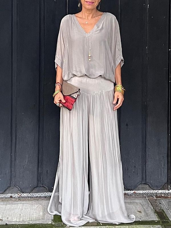 Olive | Kvinders V-Hals Batwing Ærme Bred Ben Jumpsuit 2 Delt