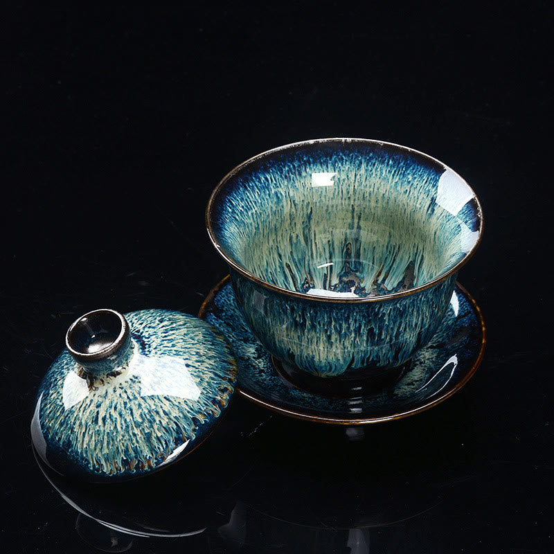 Elegant Keramisk Gaiwan Te Sæt med Sancai Glasur
