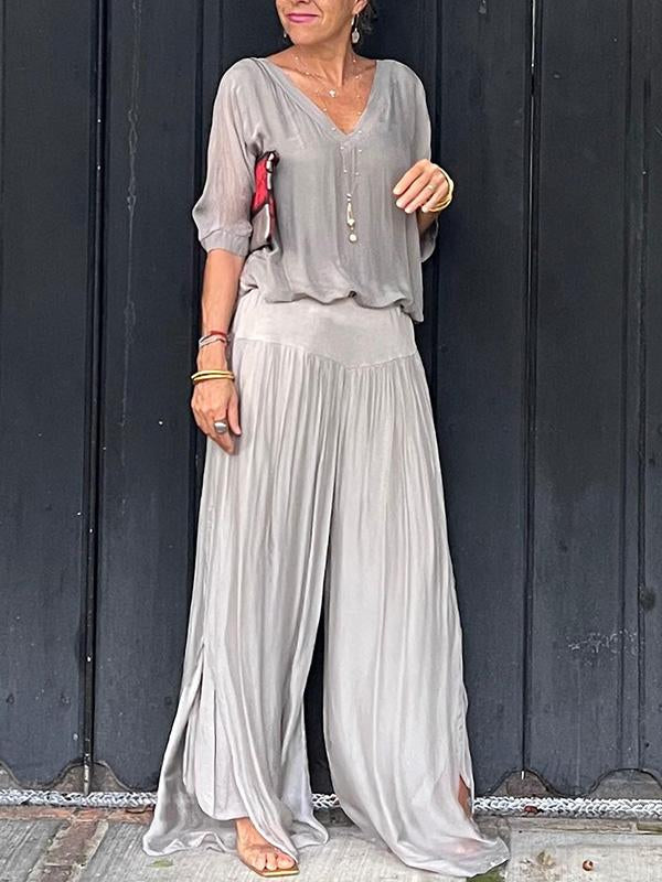 Olive | Kvinders V-Hals Batwing Ærme Bred Ben Jumpsuit 2 Delt