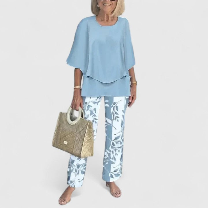 Fern | Kvinders afslappede blomsterprint top og brede bukser sæt