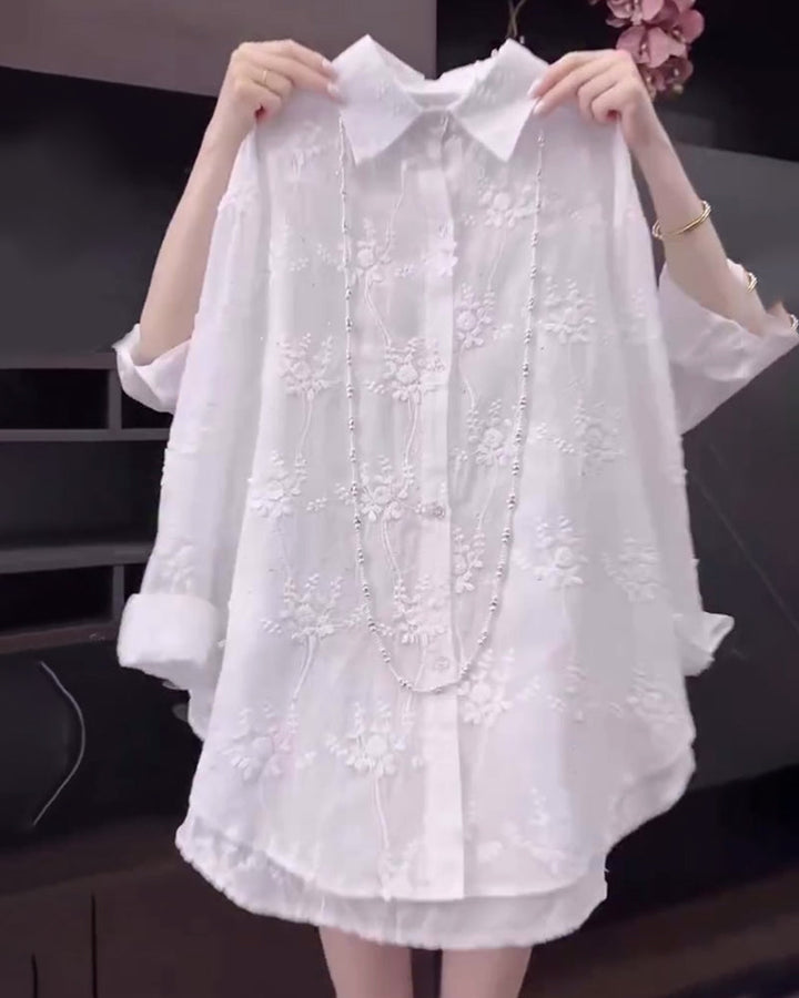 Anneliese™ | Blomstret skjorte med ensfarvet design og dropped shoulders