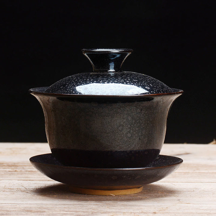 Elegant Keramisk Gaiwan Te Sæt med Sancai Glasur