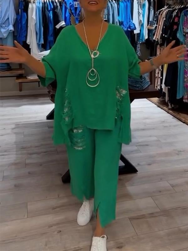 Perle | Kvinders Casual 2-delt Sæt V-Hals Top og Croppede Bukser