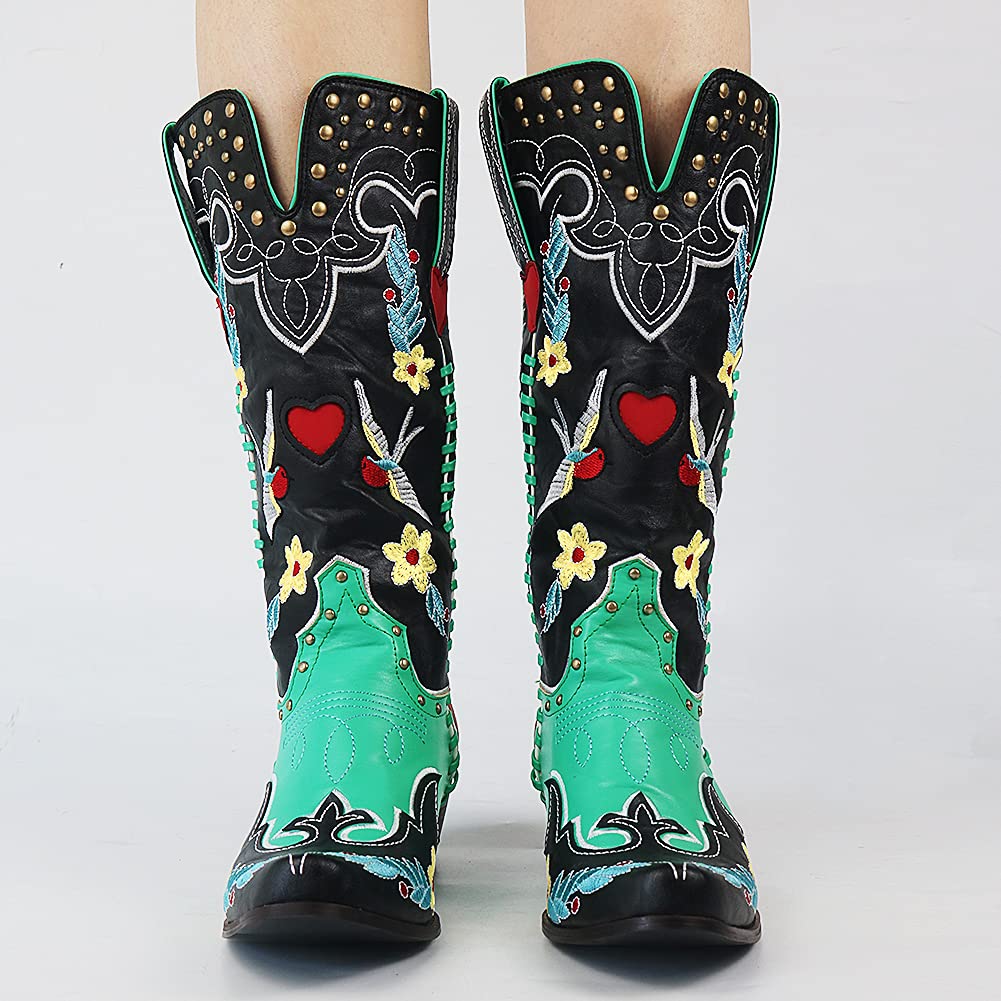 Elfriede | Dame Stilfulde Broderede Cowboy Støvler med Blomsterdesign