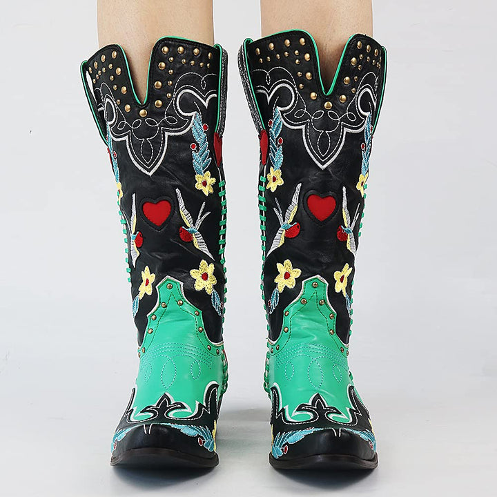 Elfriede | Dame Stilfulde Broderede Cowboy Støvler med Blomsterdesign