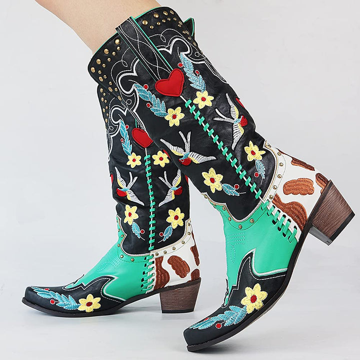 Elfriede | Dame Stilfulde Broderede Cowboy Støvler med Blomsterdesign