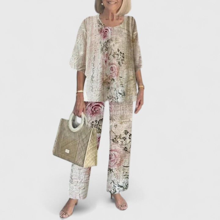 Fern | Kvinders afslappede blomsterprint top og brede bukser sæt