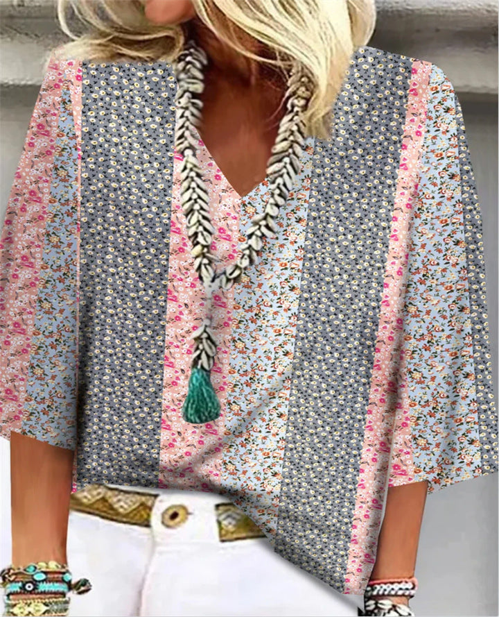 Mosaic | Kvinders Ditsy Blomster Patchwork V-Hals 3/4 Ærme Top