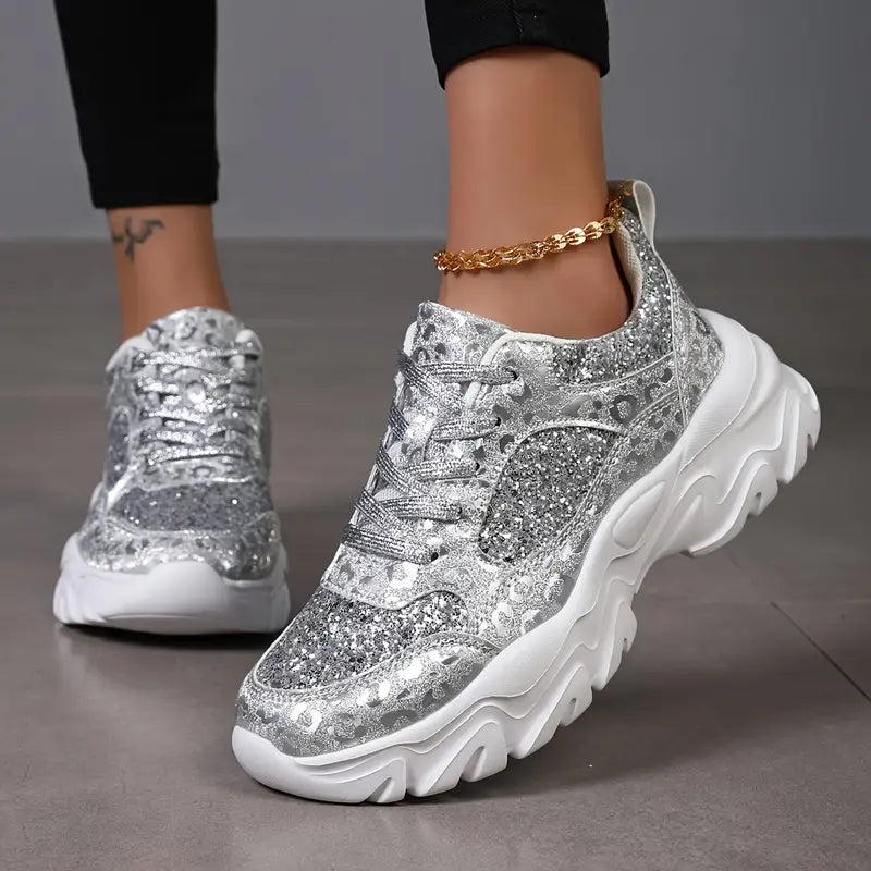 Glitrende sølv chunky sneakers til kvinder med høj sål