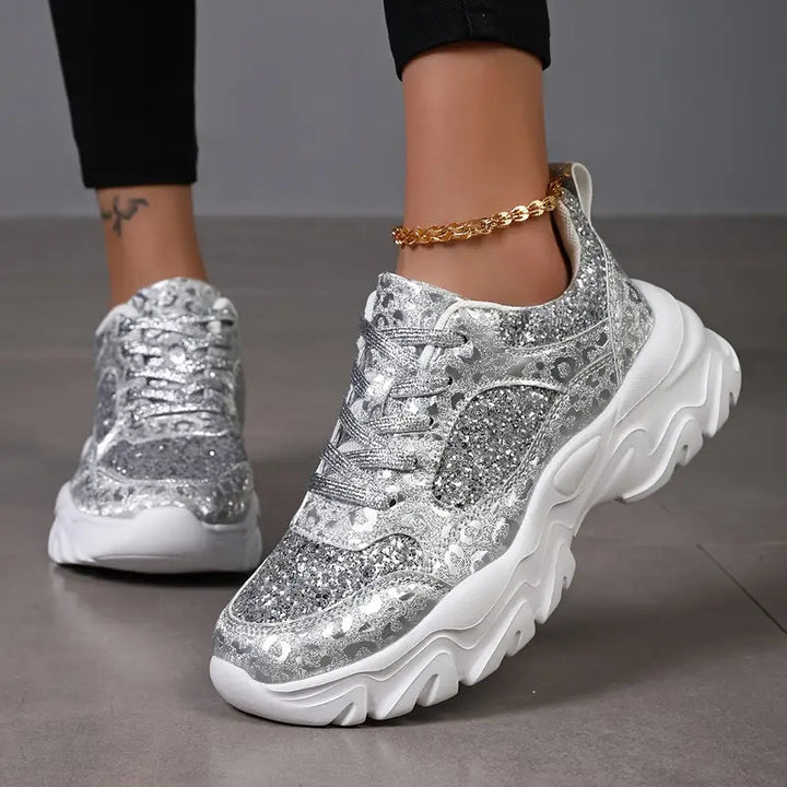 Glitrende sølv chunky sneakers til kvinder med høj sål