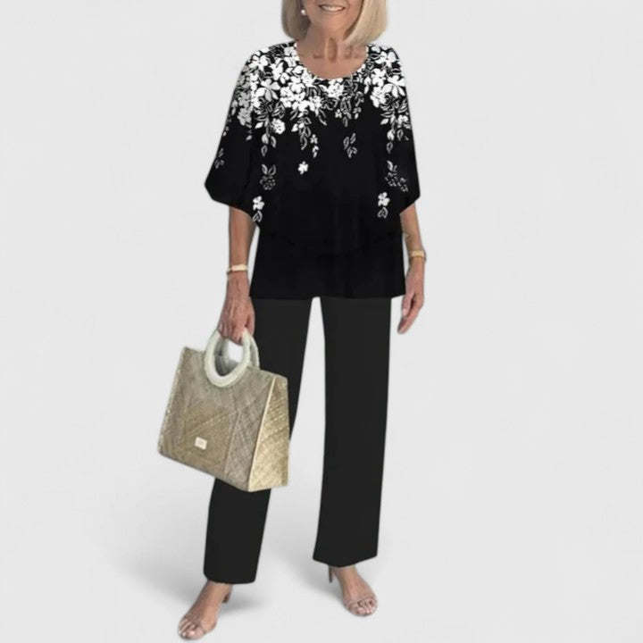 Fern | Kvinders afslappede blomsterprint top og brede bukser sæt