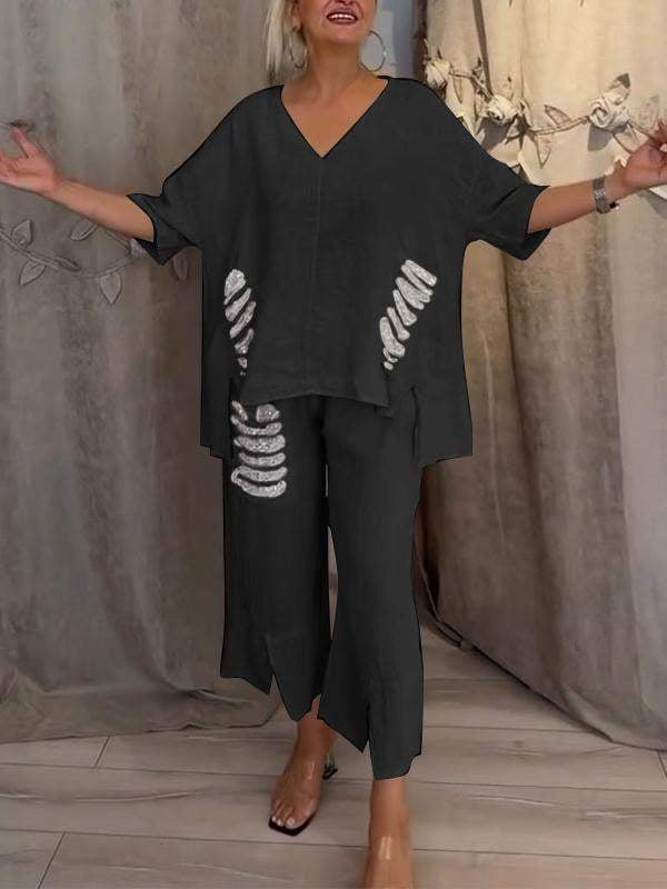 Perle | Kvinders Casual 2-delt Sæt V-Hals Top og Croppede Bukser