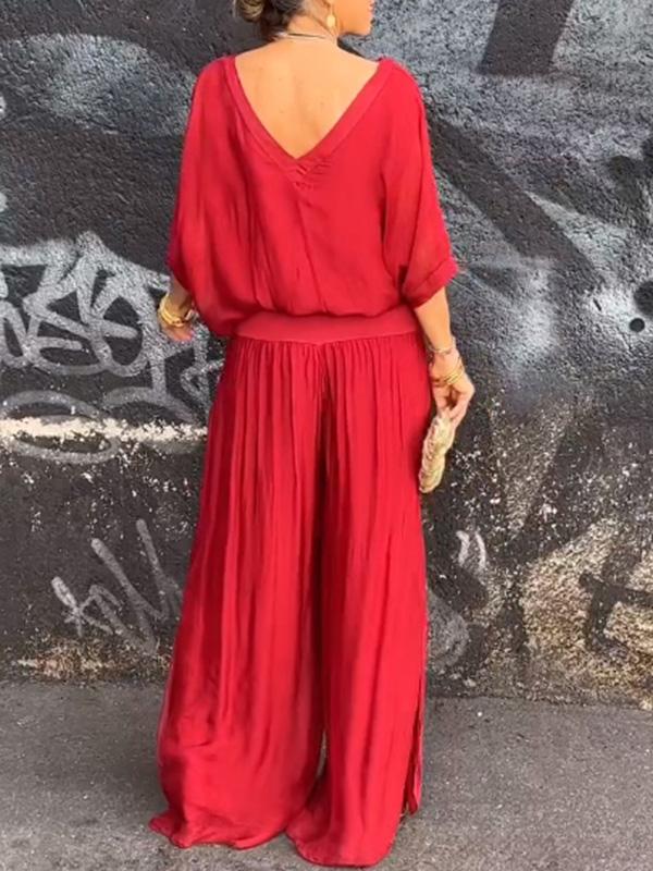 Olive | Kvinders V-Hals Batwing Ærme Bred Ben Jumpsuit 2 Delt