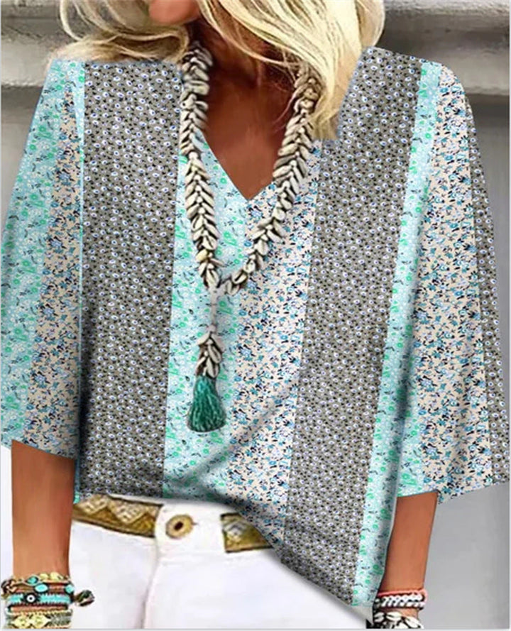 Mosaic | Kvinders Ditsy Blomster Patchwork V-Hals 3/4 Ærme Top