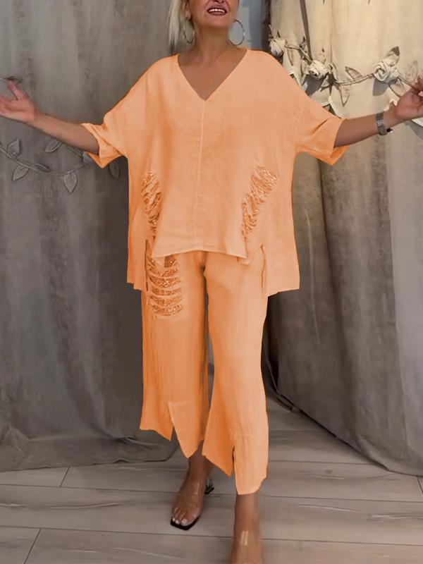 Perle | Kvinders Casual 2-delt Sæt V-Hals Top og Croppede Bukser