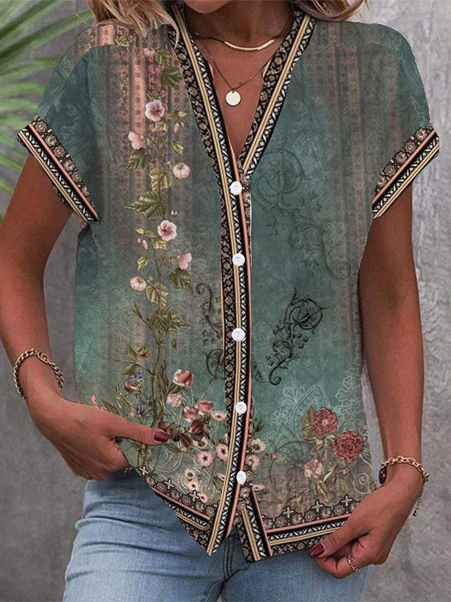 Vera | Kvinders Vintage Blomsterprint V-Hals Bluse med Knapper