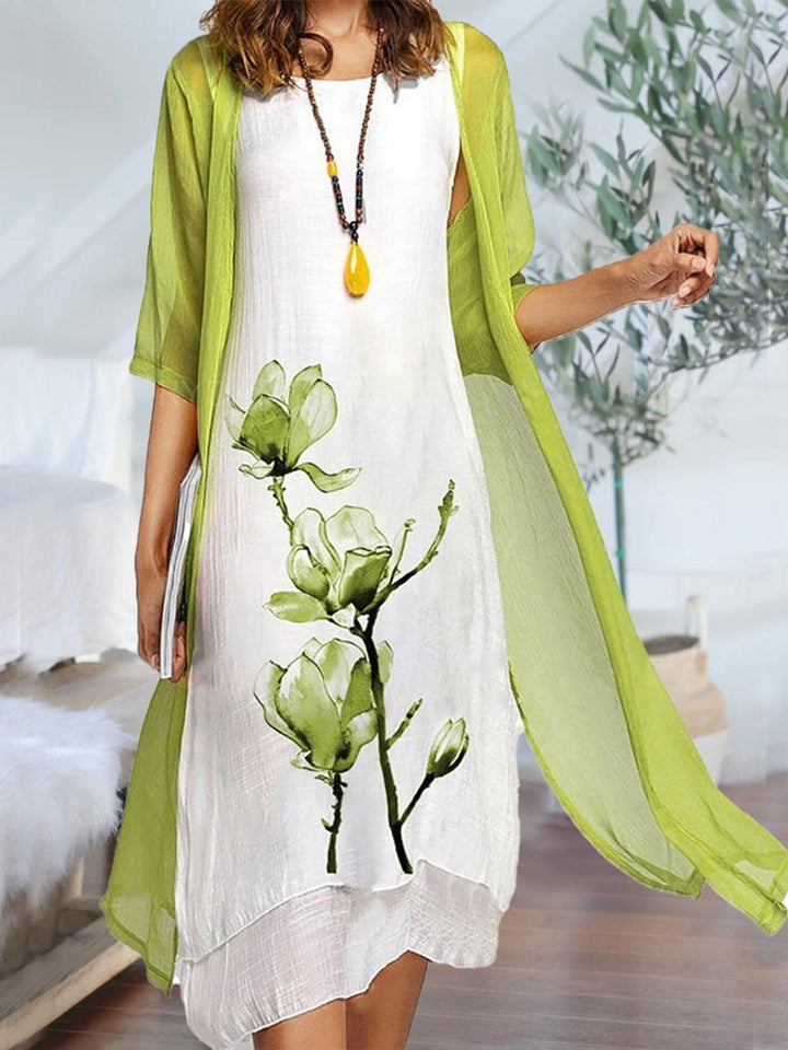 Bloom | Kvinders blomsterprint 2-delt kjolesæt med gennemsigtig cardigan