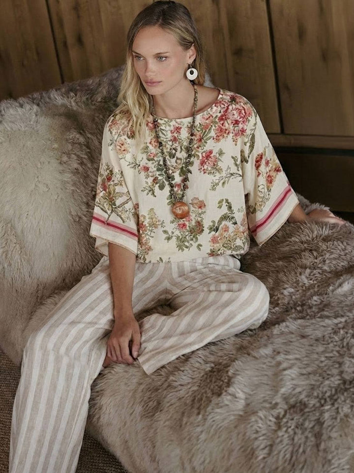 Paloma | Kvinders Casual Stribede Bukser med Bred Ben og T-shirt To-delt Sæt