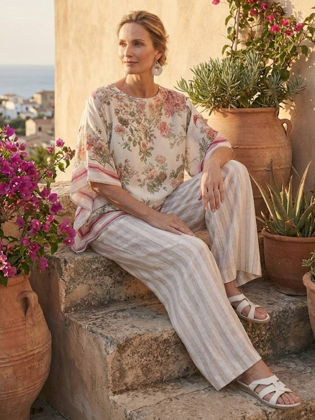 Paloma | Kvinders afslappede stribede bukser med bred ben og t-shirt to-delt sæt