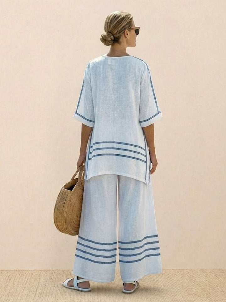 Paloma | Kvinders afslappede stribede bukser med bred ben og t-shirt to-delt sæt