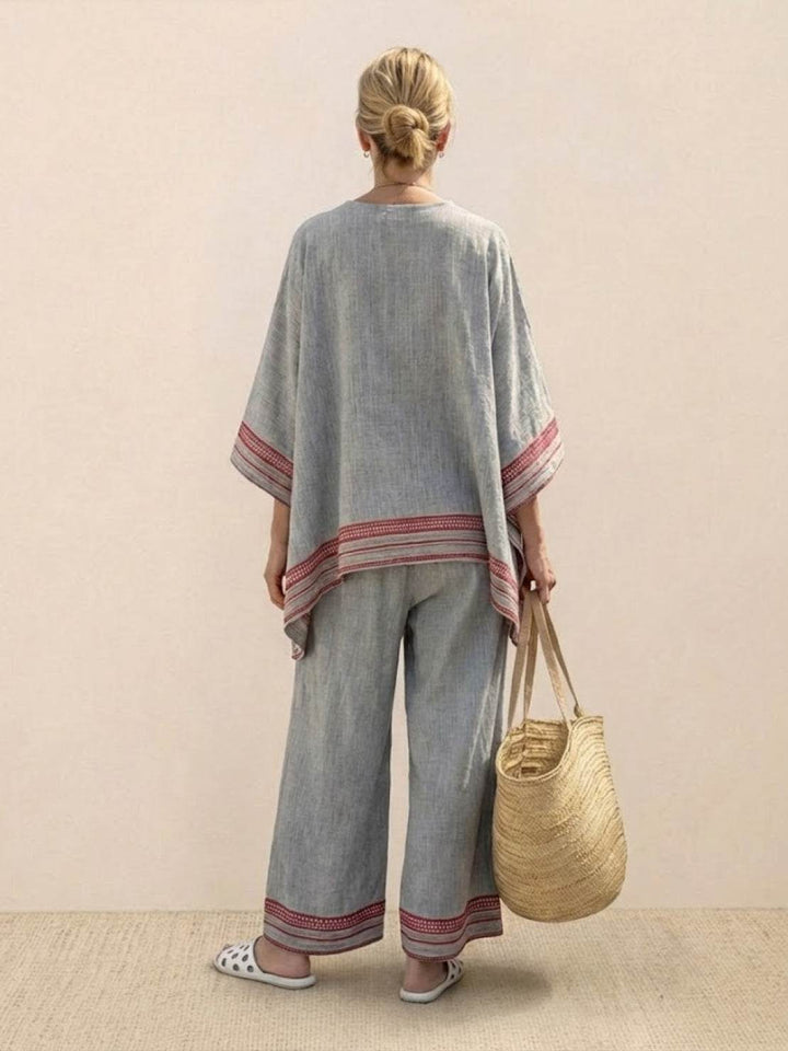Paloma | Kvinders Casual Stribede Bukser med Bred Ben og T-shirt To-delt Sæt