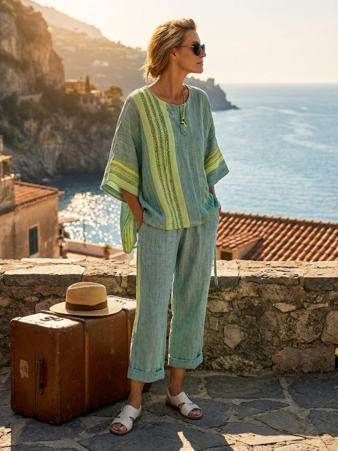 Paloma | Kvinders afslappede stribede bukser med bred ben og t-shirt to-delt sæt