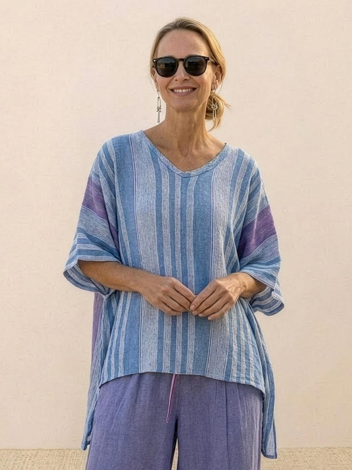 Paloma | Kvinders Casual Stribede Bukser med Bred Ben og T-shirt To-delt Sæt