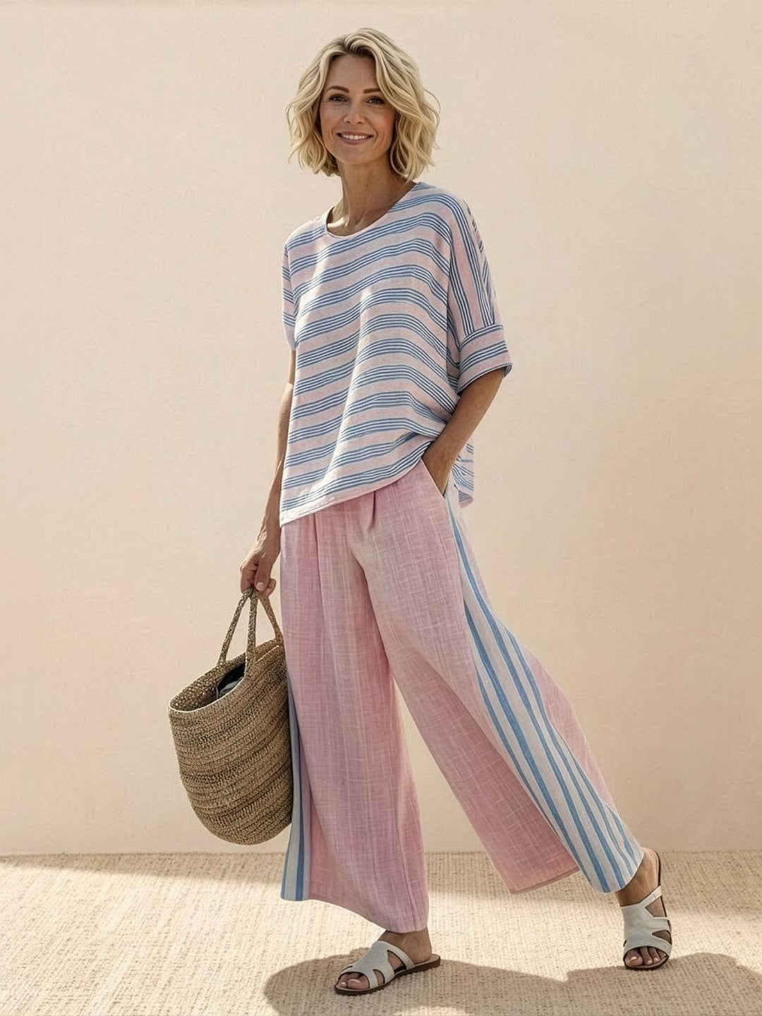 Paloma | Kvinders afslappede stribede bukser med bred ben og t-shirt to-delt sæt