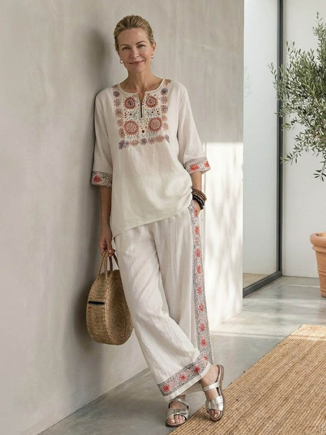 Paloma | Kvinders afslappede stribede bukser med bred ben og t-shirt to-delt sæt