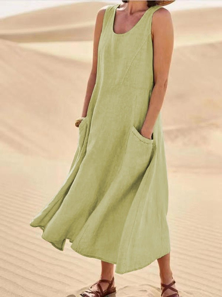 Sage | Kvinders Casual Ærmeløs Maxi Kjole Scoop Hals Pockets