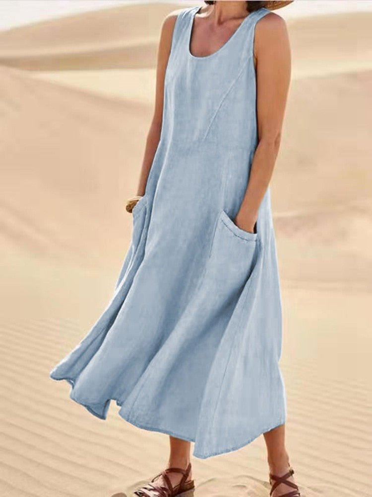 Sage | Kvinders Casual Uden Ærmer Maxi Kjole Scoop Hals Pockets